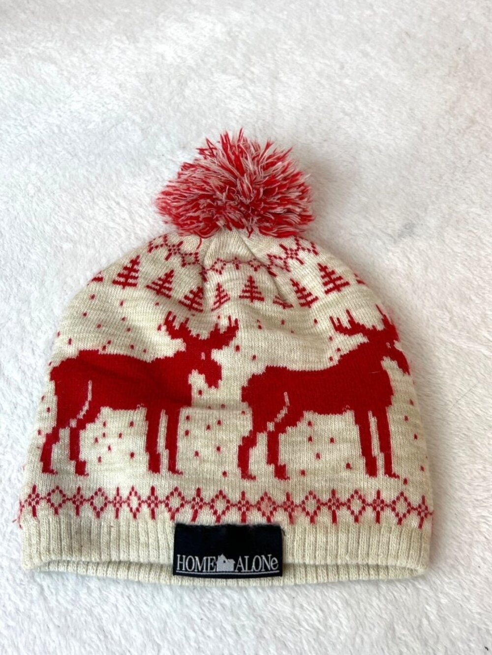Home Alone Youth OS Beanie Hat Cream Red Moose Fair Isle Pom Kevin McAllister